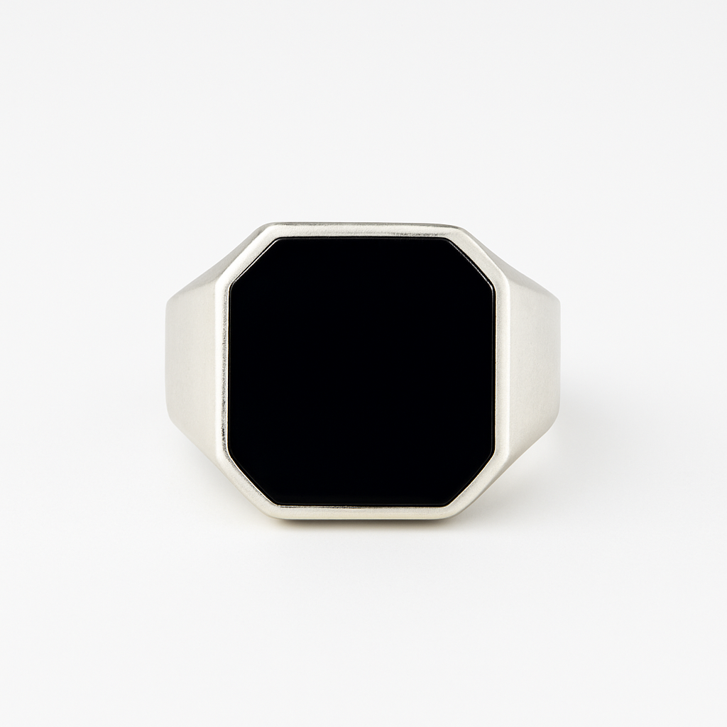 Anillo Sello Octagonal de Plata 950 con Piedra Ónix Negra – Estilo Minimalista Masculino