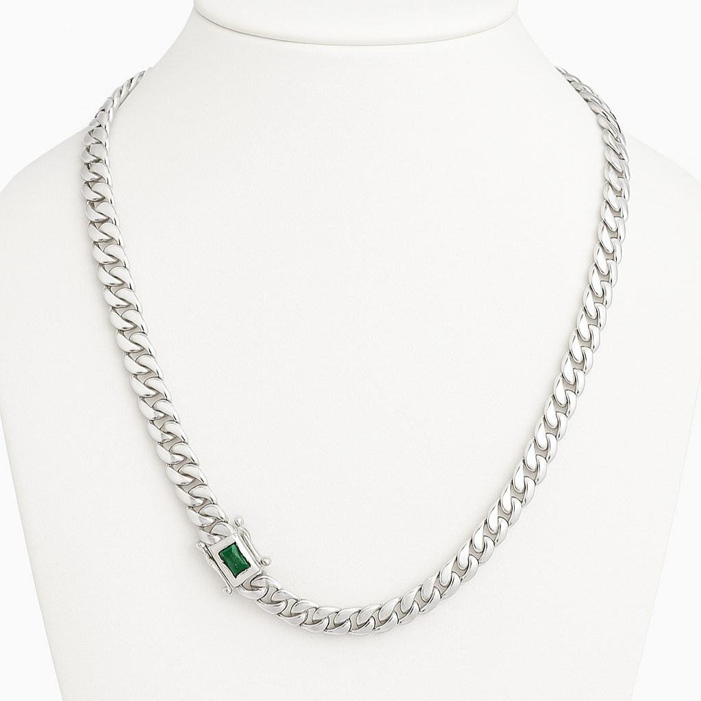 999 Silver Plated Cuban Chain - 8mm with Emerald Clasp