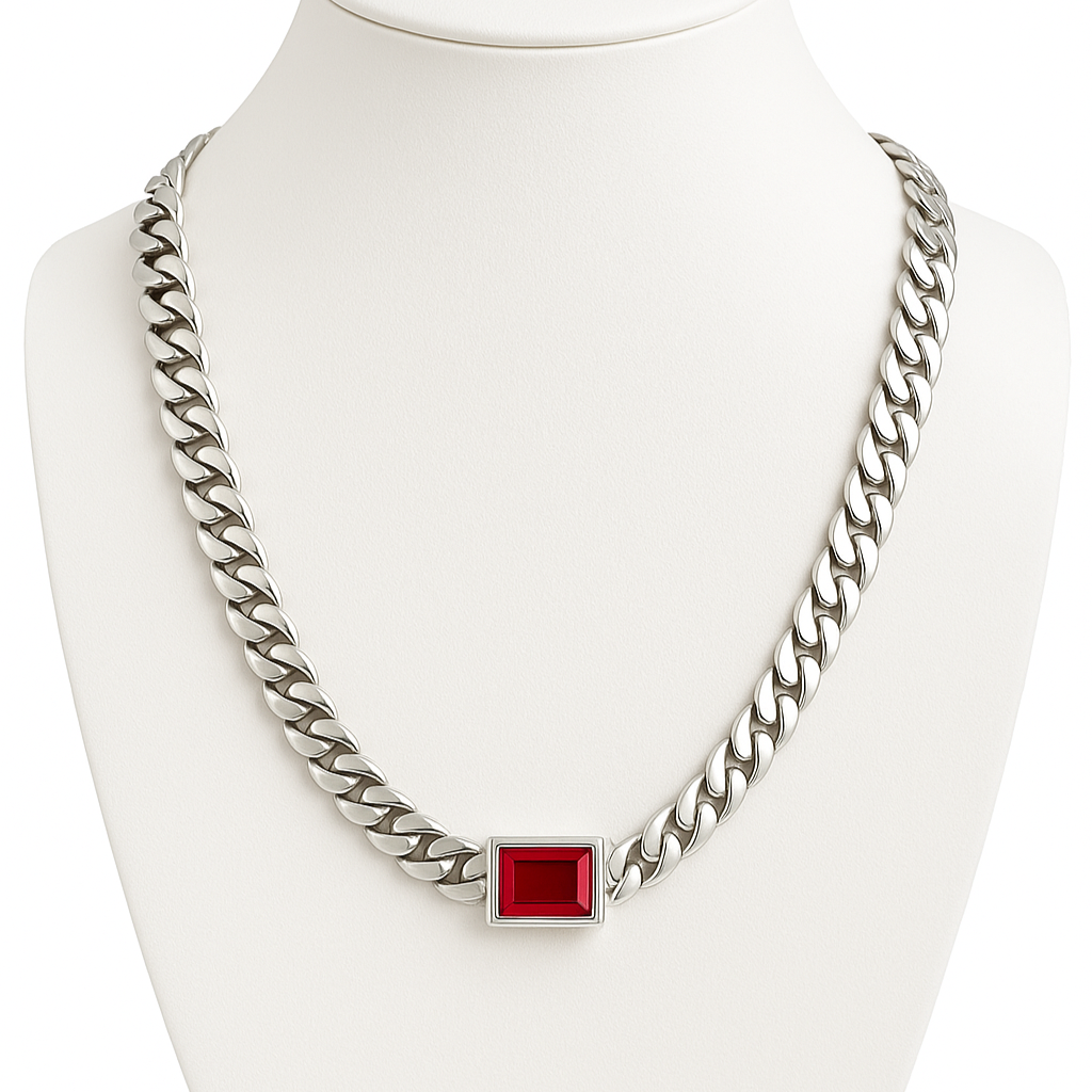 999 Silver Cuban Chain with Ruby Pendant – 8mm