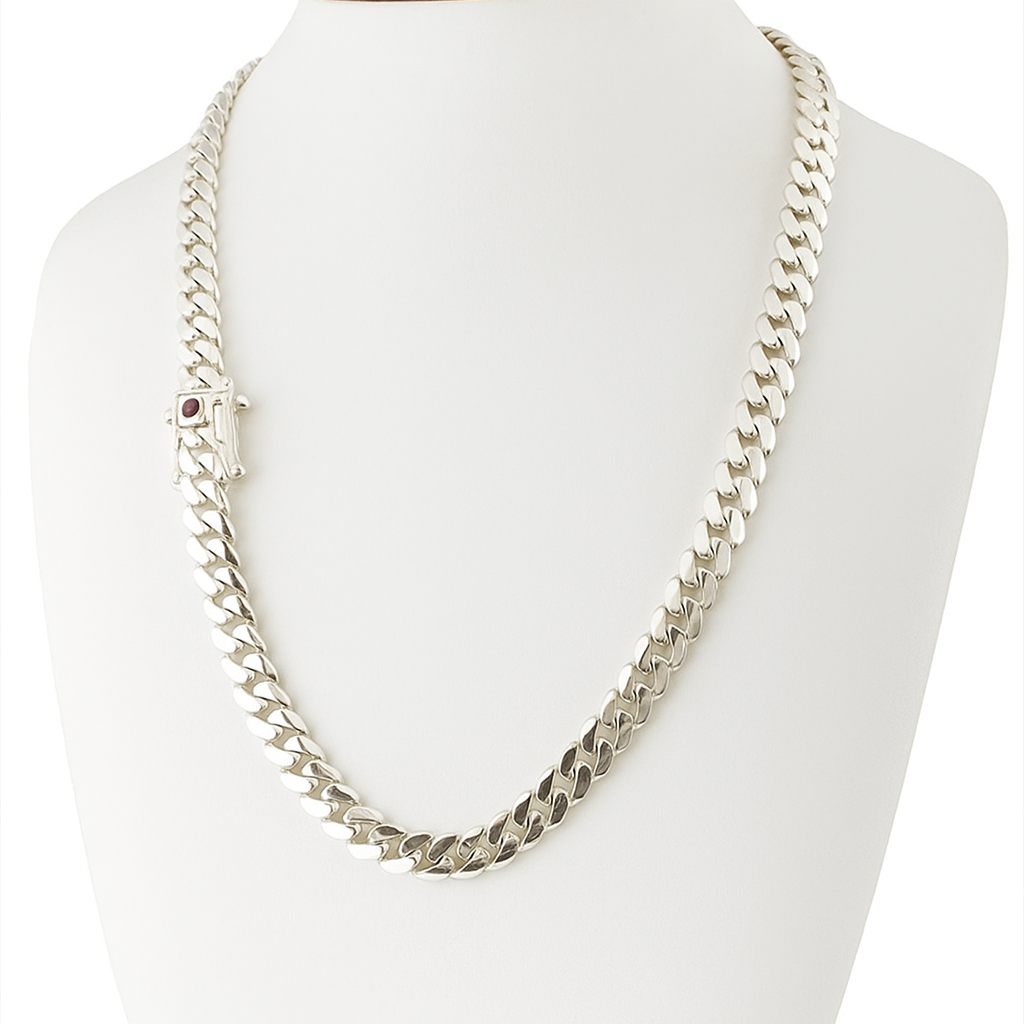 Cadena Cubana de Plata ley 999 10mm de grosor circón Rubí 60cm