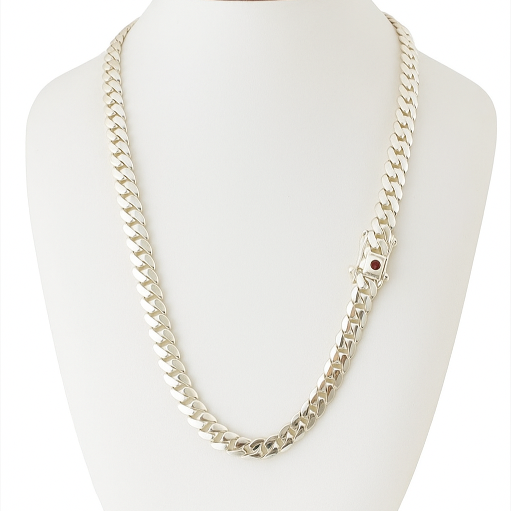 Cadena Cubana de Plata ley 999 10mm de grosor circón Rubí 60cm