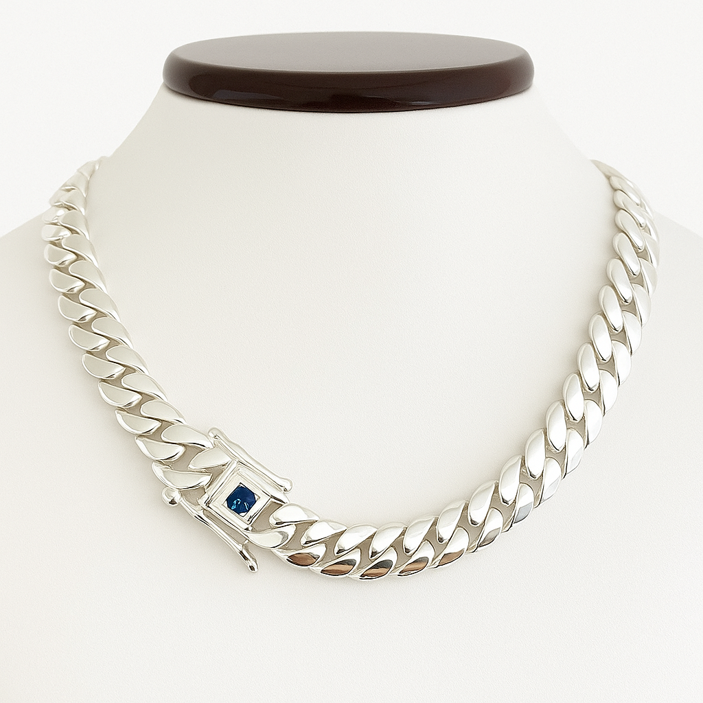 Collar eslabones cubanos 11 mm Zircón Zafiro Plata 999