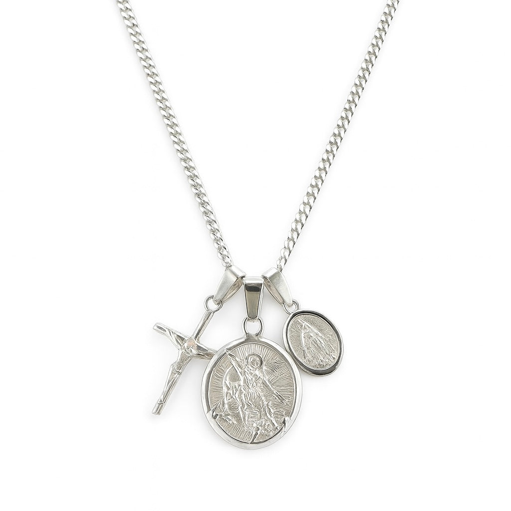 Cadena Microlomo de Plata 925 con Dijes en Plata 950 – Cruz, Arcángel Miguel y Virgen