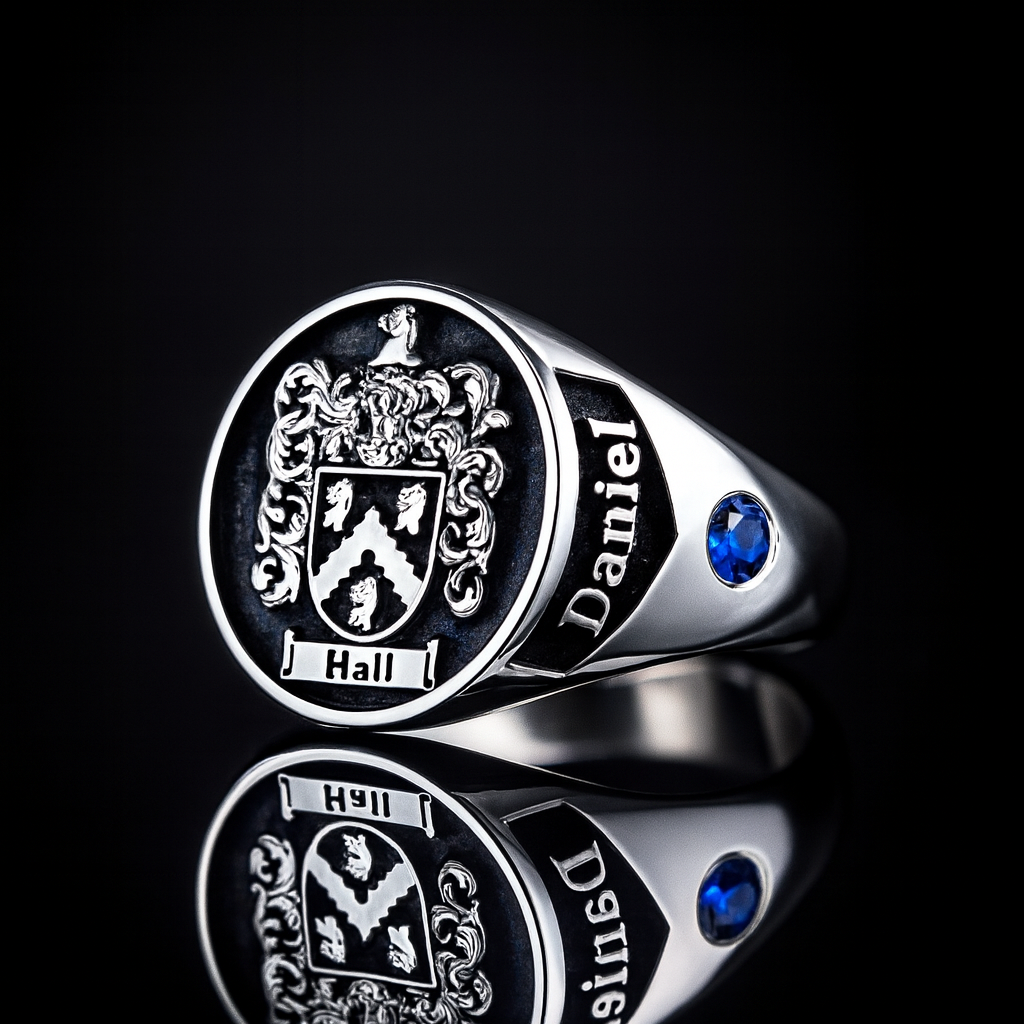 Anillo Escudo Familiar Personalizado en Plata 950 con circón Zafiro