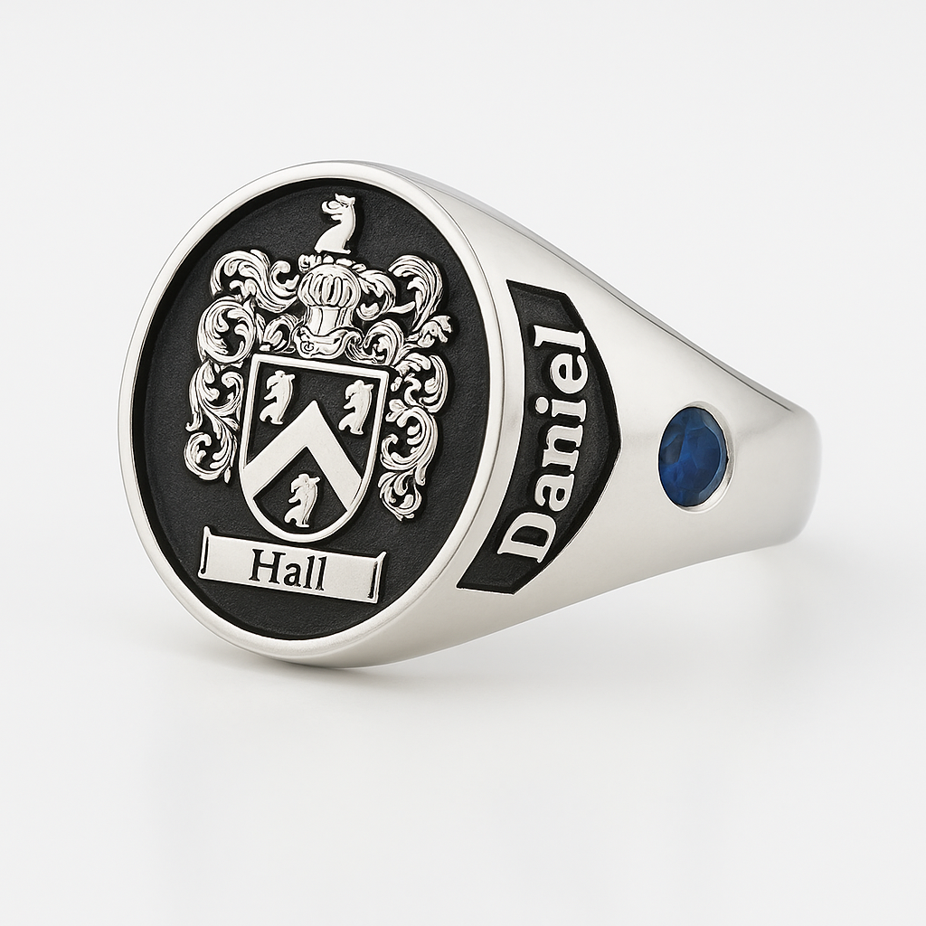Anillo Escudo Familiar Personalizado en Plata 950 con circón Zafiro