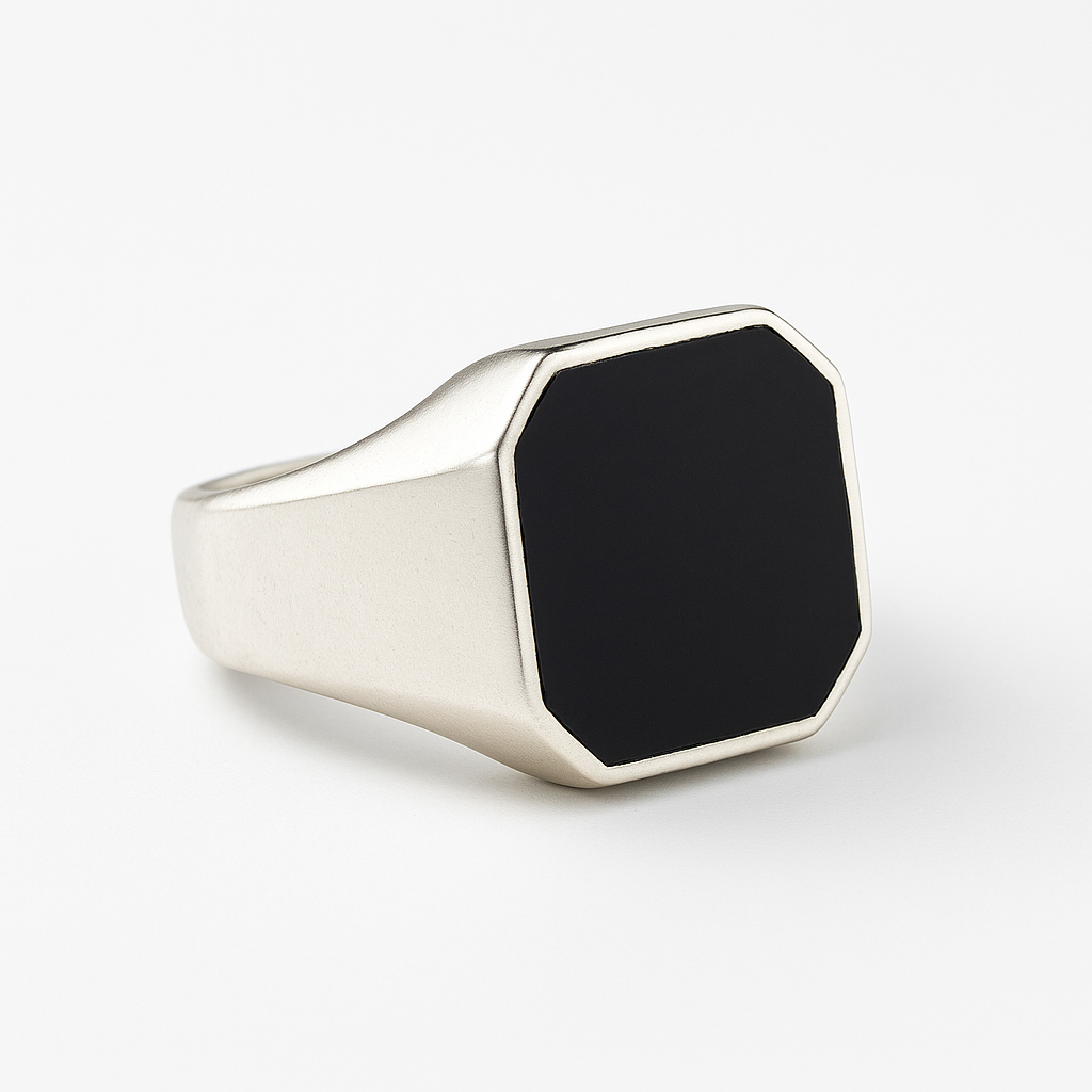 Anillo Sello Octagonal de Plata 950 con Piedra Ónix Negra – Estilo Minimalista Masculino