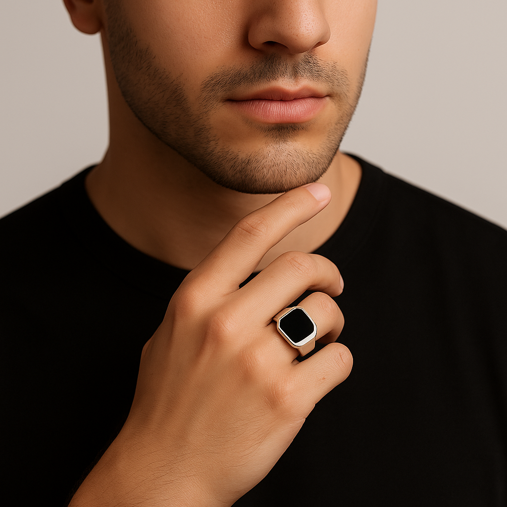 Anillo Sello Octagonal de Plata 950 con Piedra Ónix Negra – Estilo Minimalista Masculino