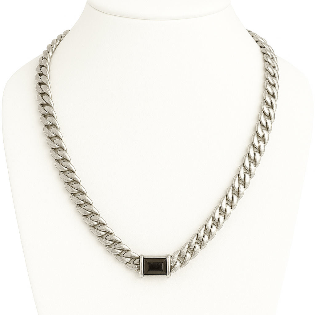 Cuban Link Chain Ironed 10 mm Wide Onyx Pendant - 999 Silver