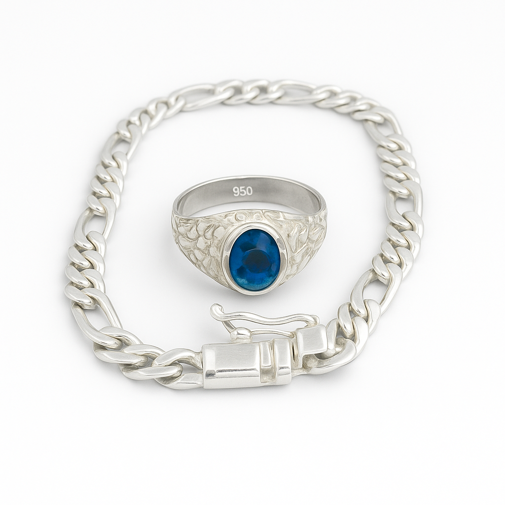 Pack Anillo labrado y Pulsera Fígaro de Plata 950