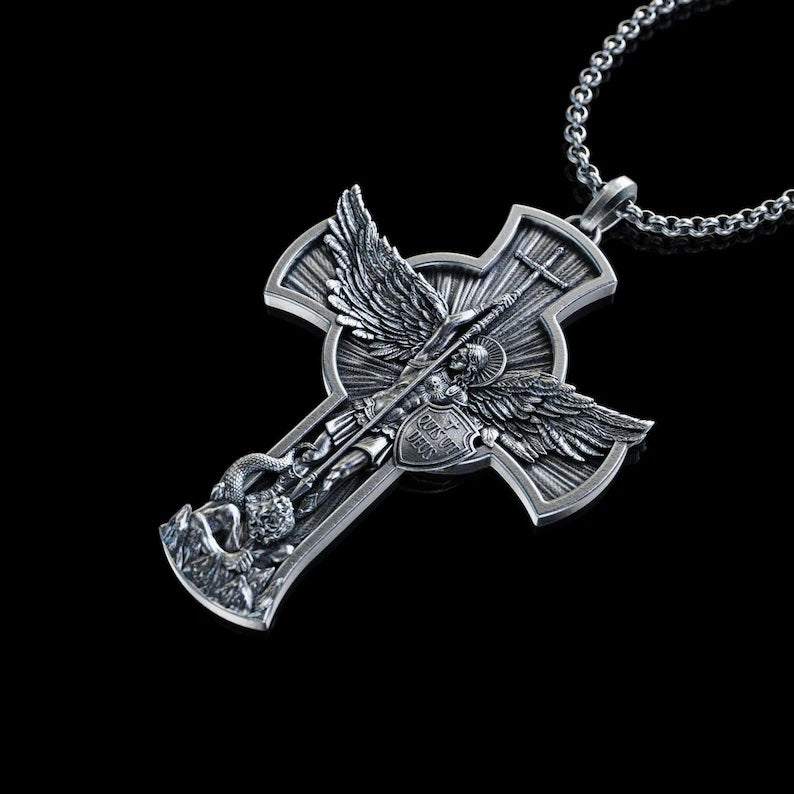 Collar Cruz Arcángel Miguel de Plata ley 950