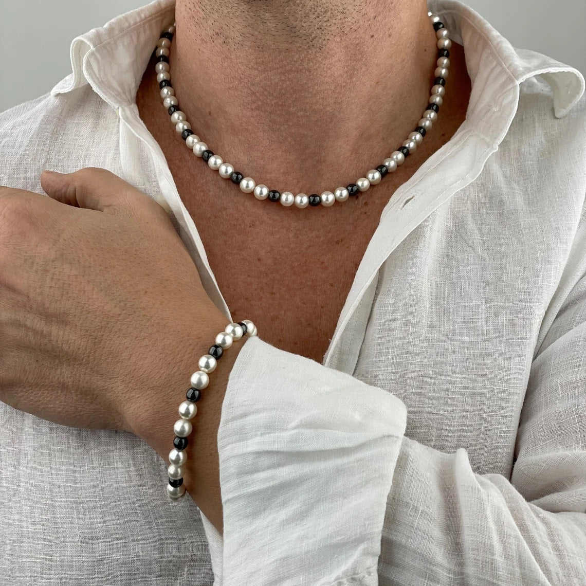 Necklace and Bracelet with Czech Pearls and Onyx