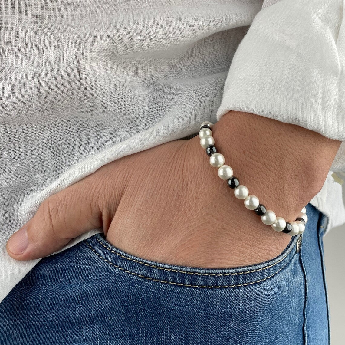 Necklace and Bracelet with Czech Pearls and Onyx