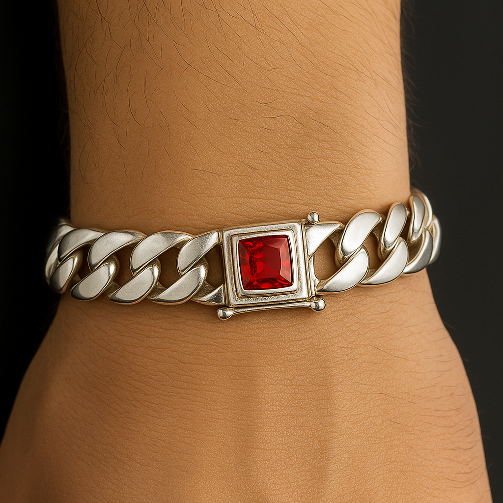 Pulsera Miami de Plata 12mm de ancho - Plata 999 con Broche Circón Rubí