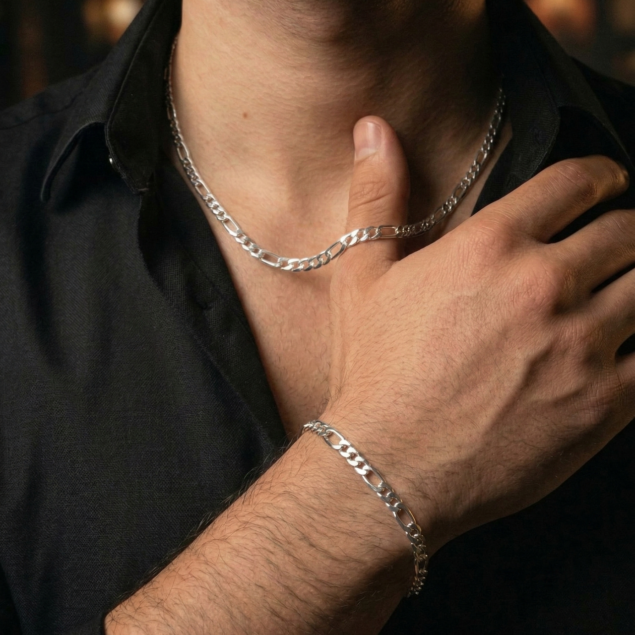 Chain and Figaro bracelet in 950 silver