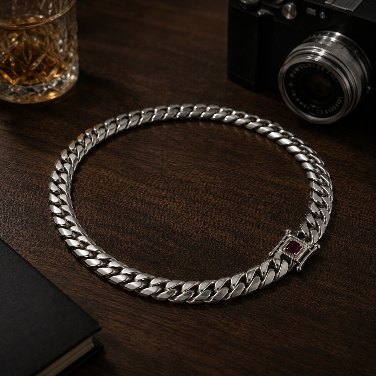Cadena Eslabones cubanos 10.5 mm con circón Rubi- Plata 999