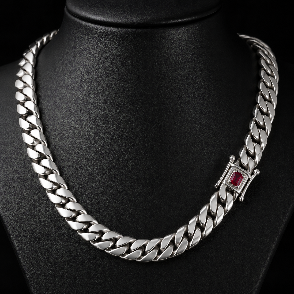 Cadena Eslabones cubanos 10.5 mm con circón Rubi- Plata 999