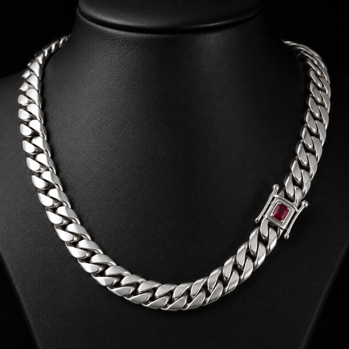 Cadena Eslabones cubanos 10.5 mm con circón Rubi- Plata 999