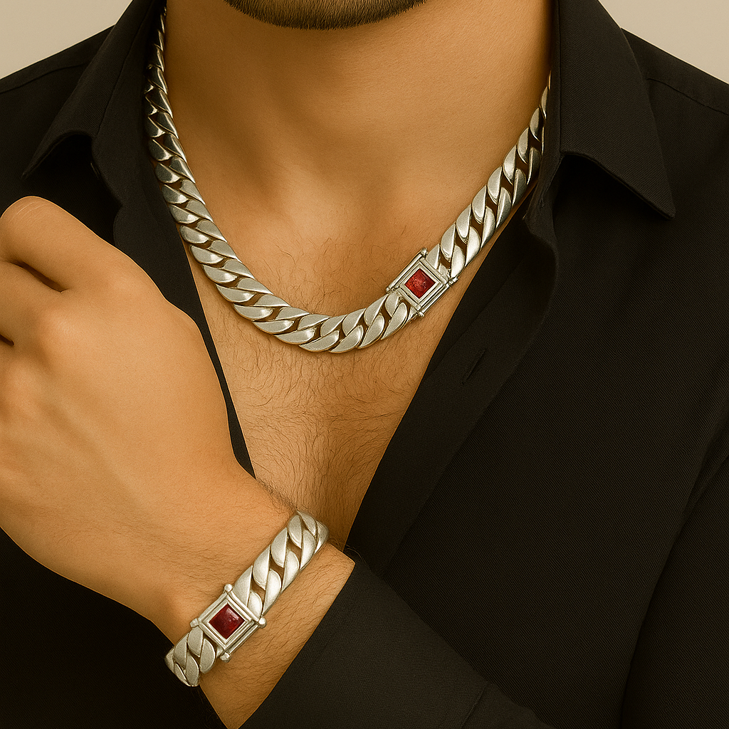 Cadena más pulsera Eslabones cubanos 12mm - Plata 999