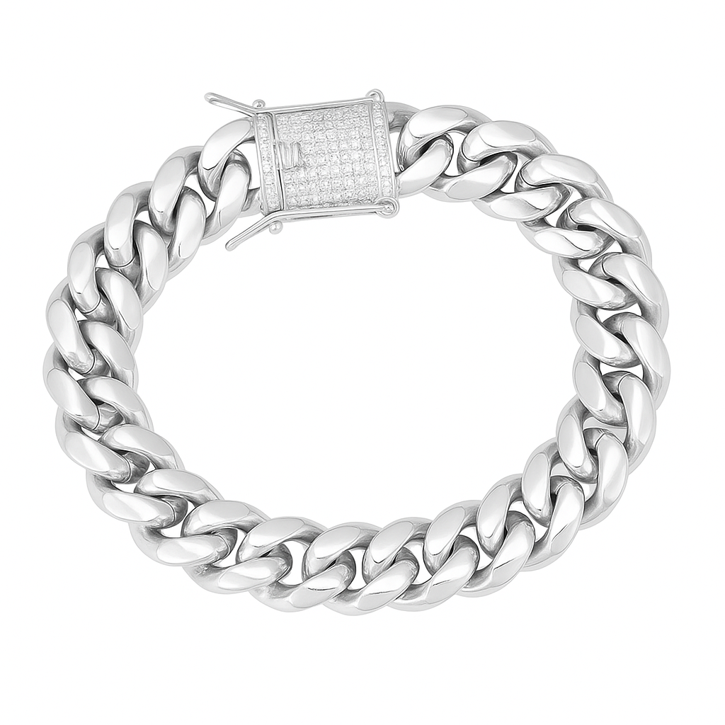 999 Silver Miami Cuban Bracelet – 14mm with Iced Clasp (22cm / 8.6”)