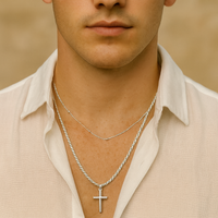 Thumbnail for Set Dúo Plata Pura – Cadena Rope + Cadena Beads con Cruz Minimalista