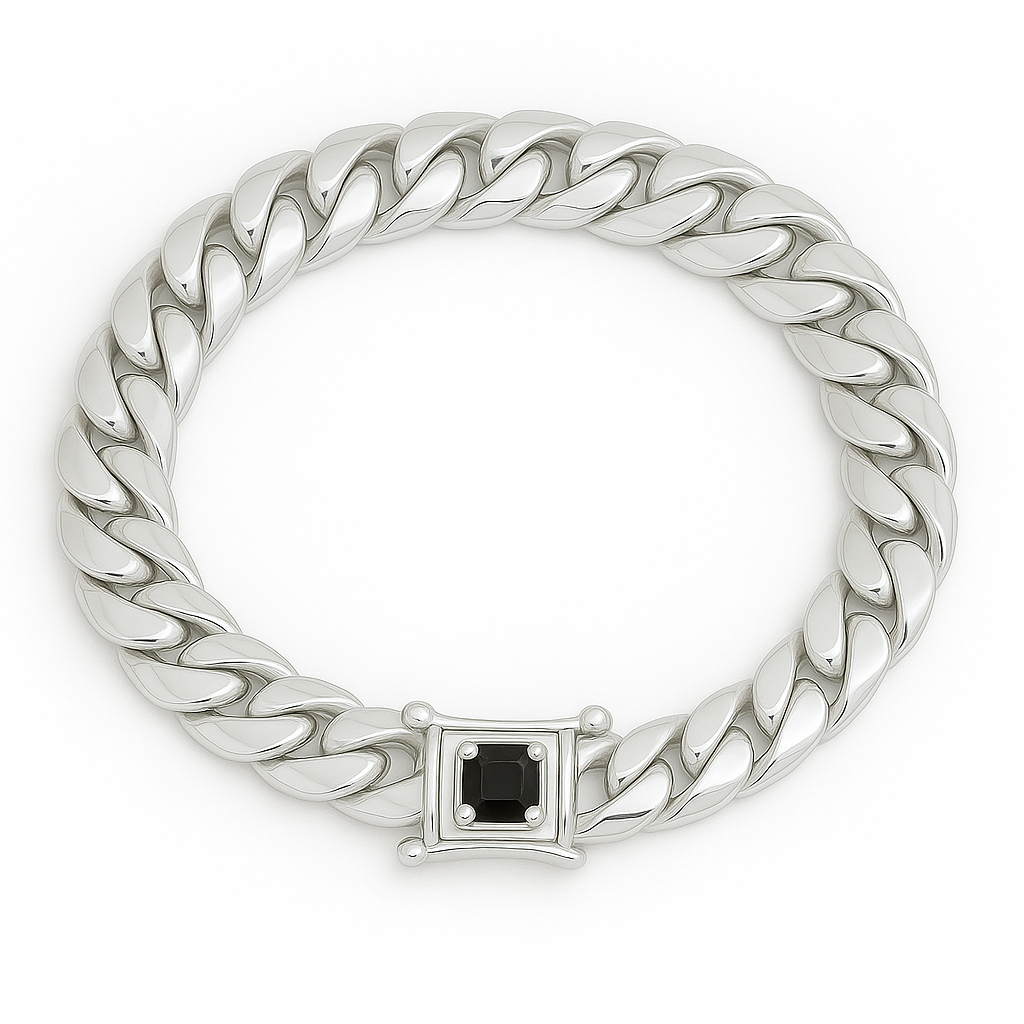 9mm Cuban Link Bracelet with Rooster Onyx Clasp - 999 Silver