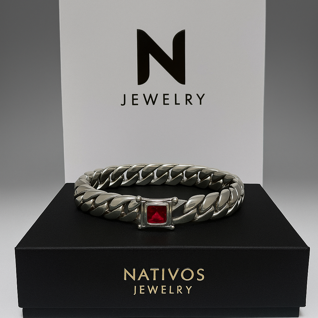 Pulsera Miami de Plata 12mm de ancho - Plata 999 con Broche Circón Rubí