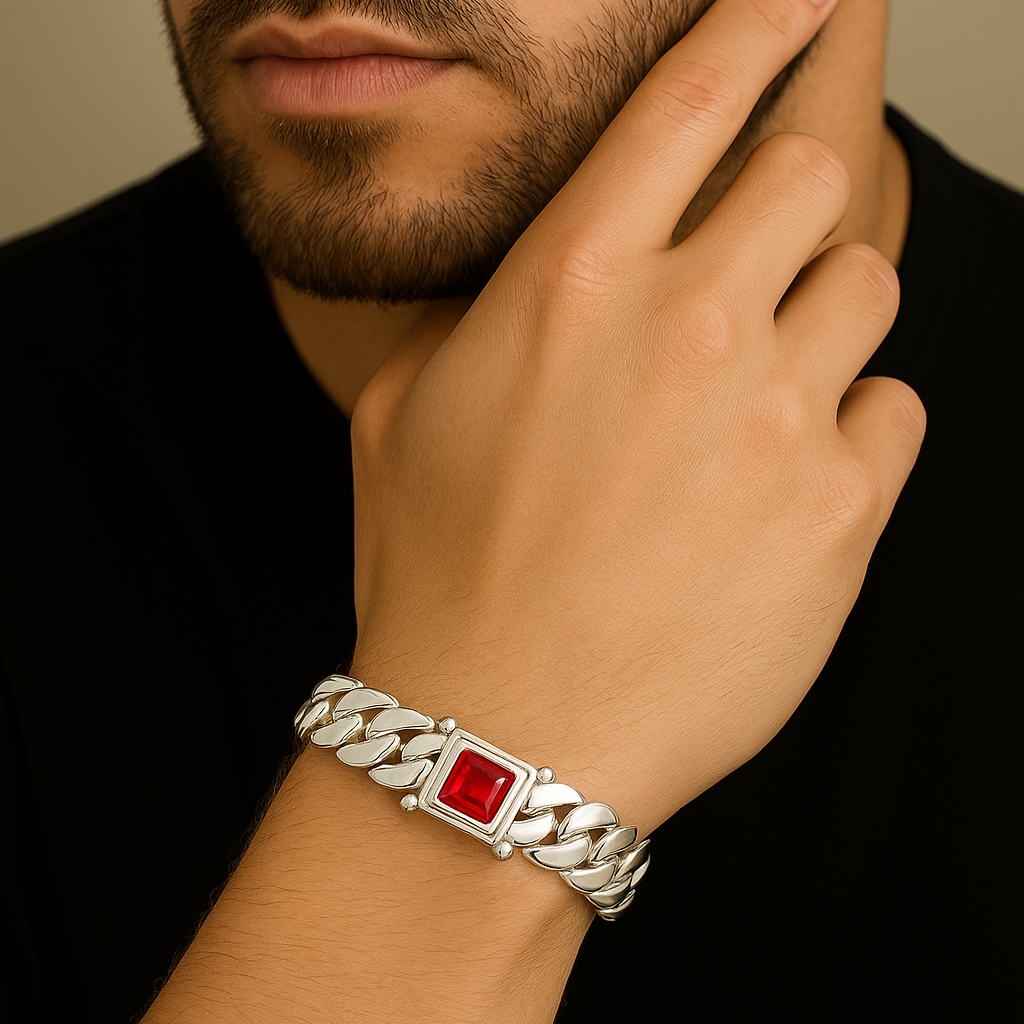 Pulsera Miami de Plata 12mm de ancho - Plata 999 con Broche Circón Rubí