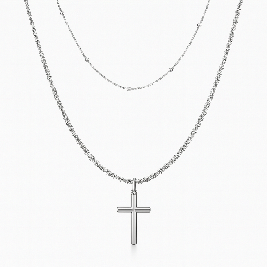 Set Dúo Plata Pura – Cadena Rope + Cadena Beads con Cruz Minimalista