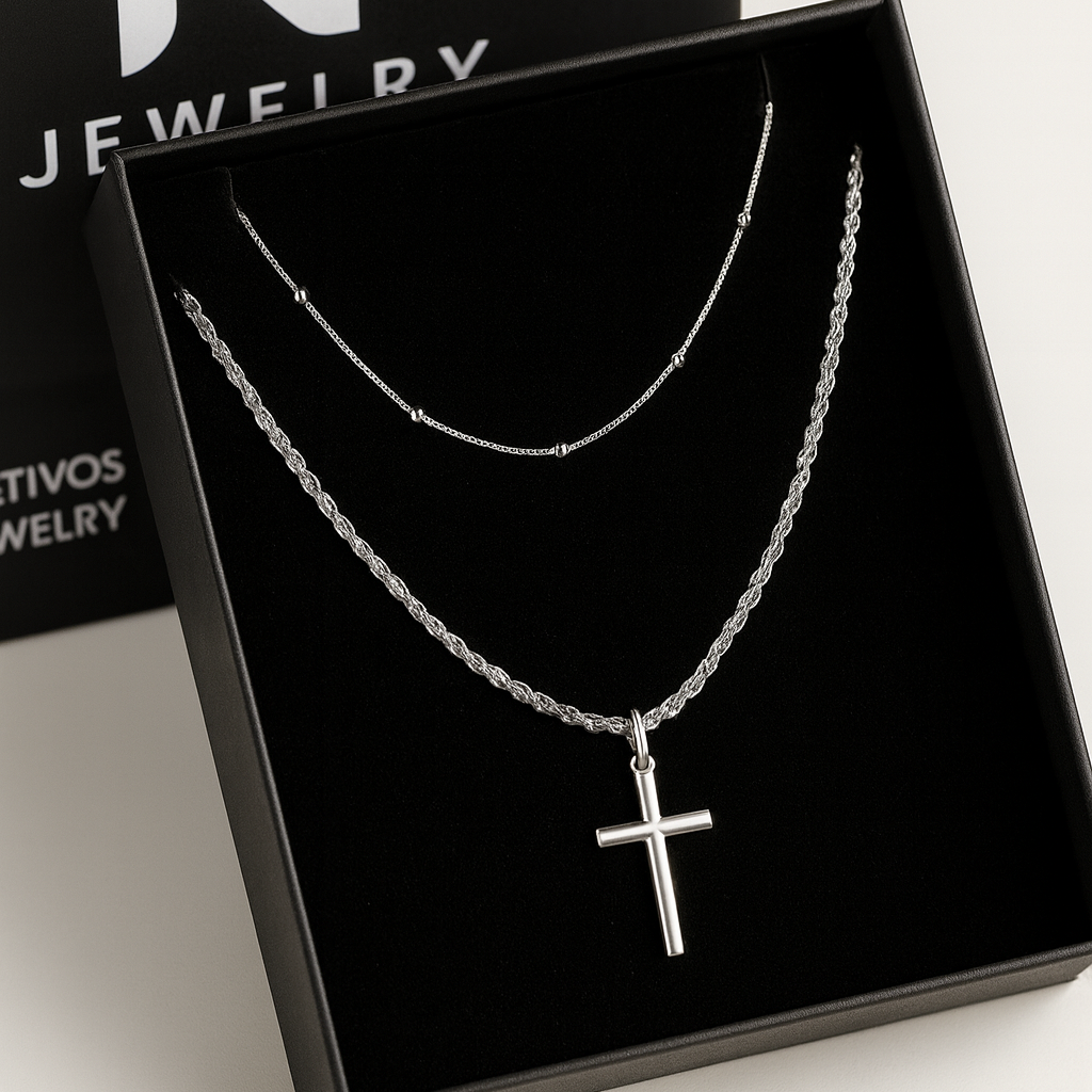 Set Dúo Plata Pura – Cadena Rope + Cadena Beads con Cruz Minimalista