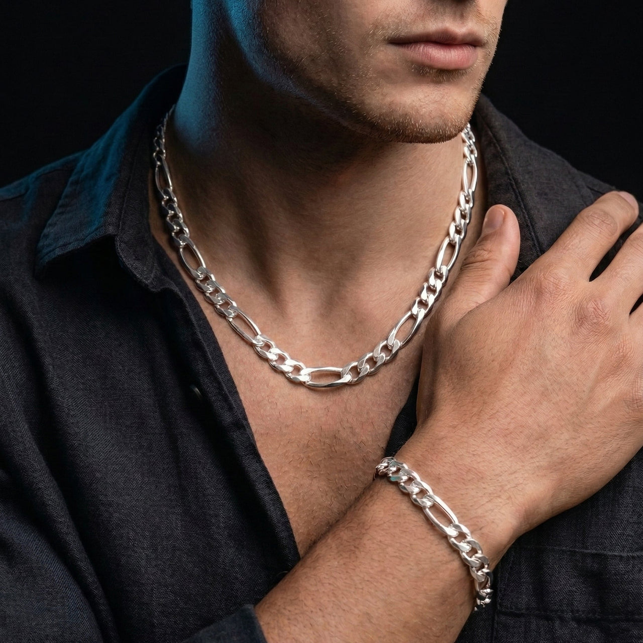 950 Silver Chain and Bracelet, Figaro Model, 7mm