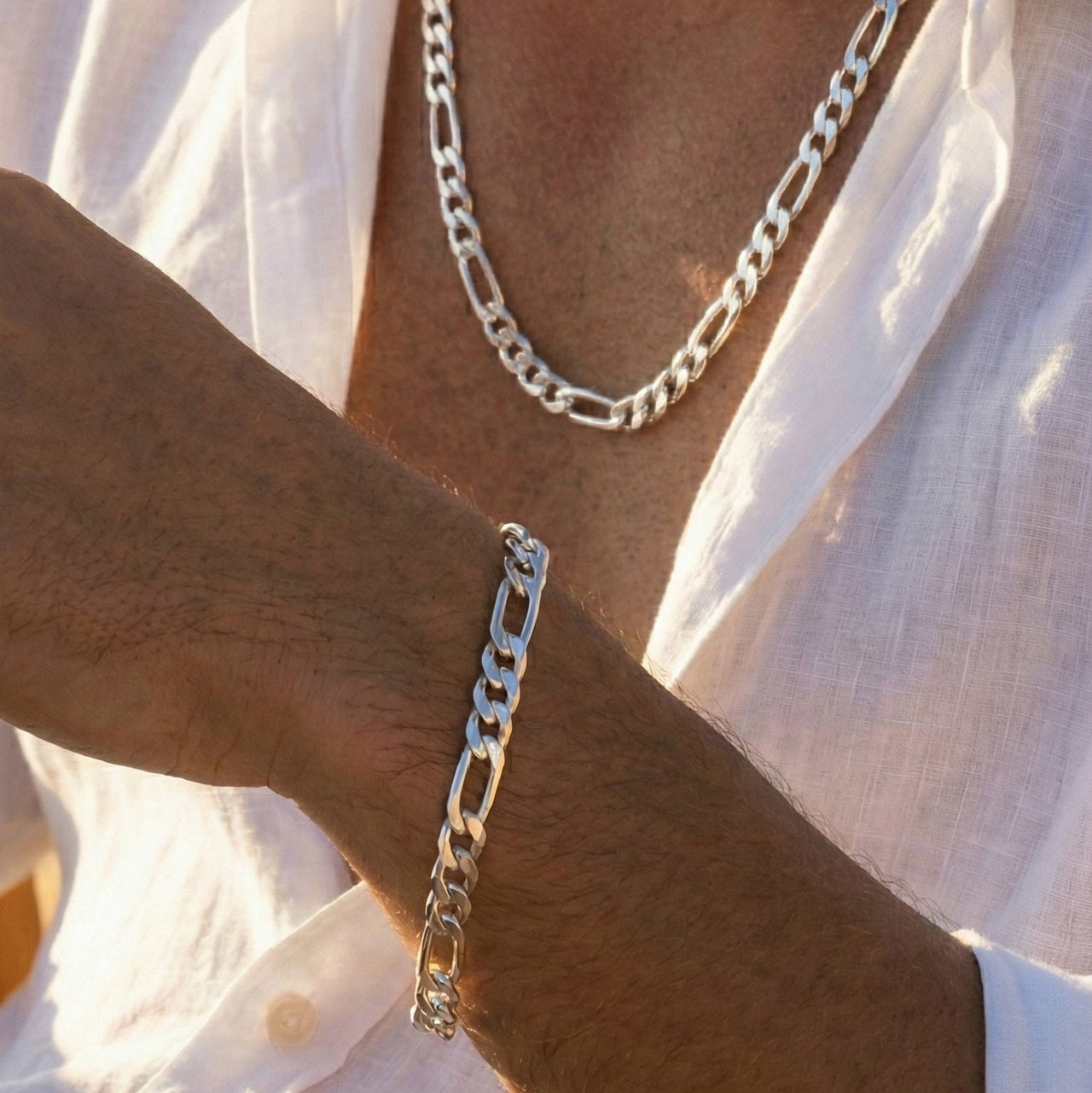 Cadena Más Pulsera Fígaro Plata Ley 950