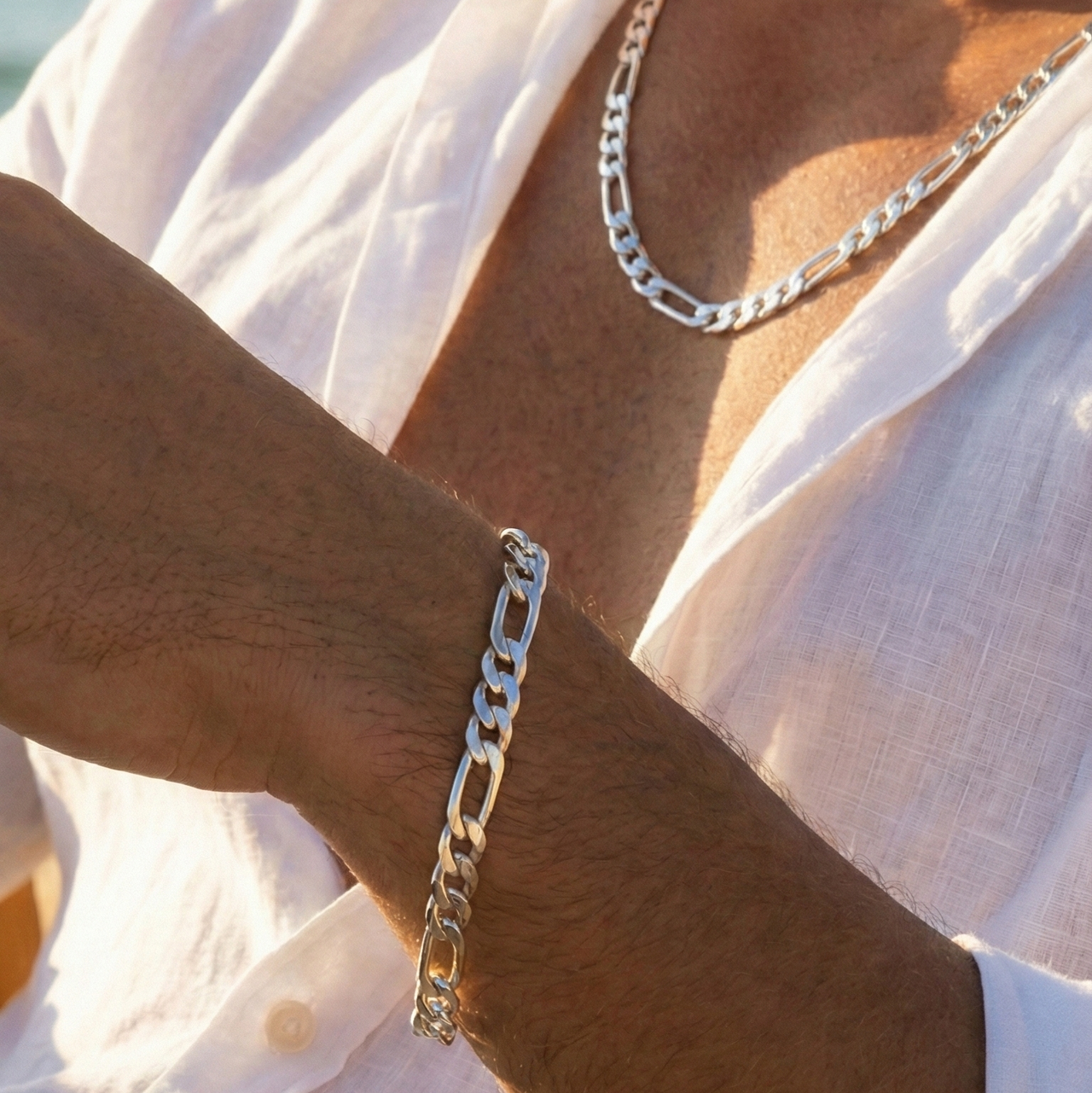 Cadena Más Pulsera Fígaro Plata Ley 950