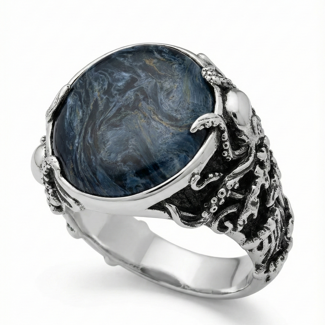 Anillo Octopus Predator – Plata 950 & Piedra Pietersita Azul