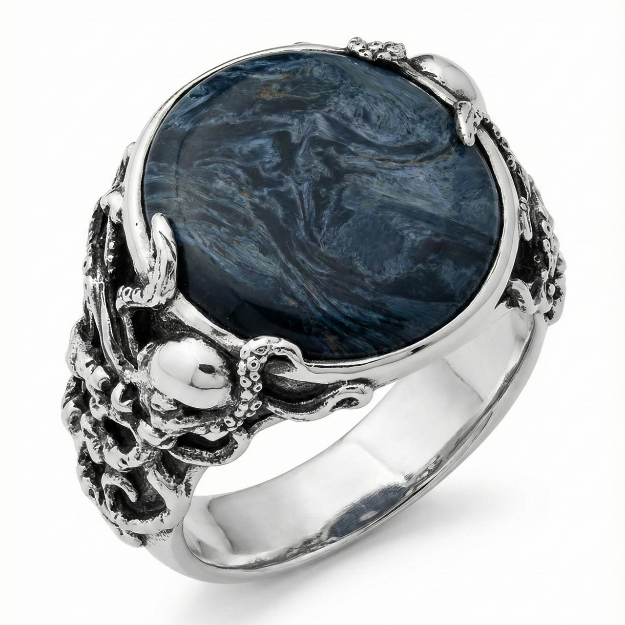 Anillo Octopus Predator – Plata 950 & Piedra Pietersita Azul