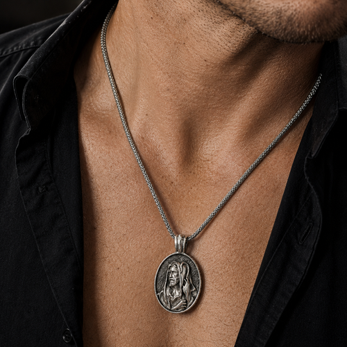 Cadena Espiga con Dije Buen Pastor Plata 950 Hombre