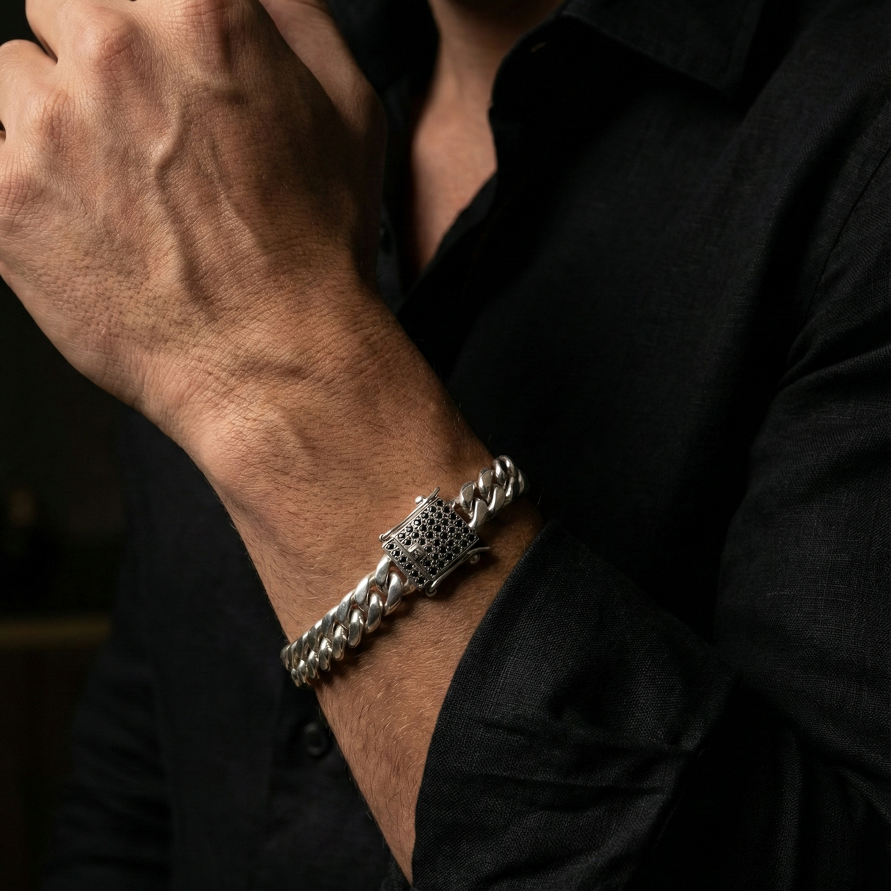 Cuban Noir 7mm — Silver Cuban Bracelet 999 with Onyx (21cm)