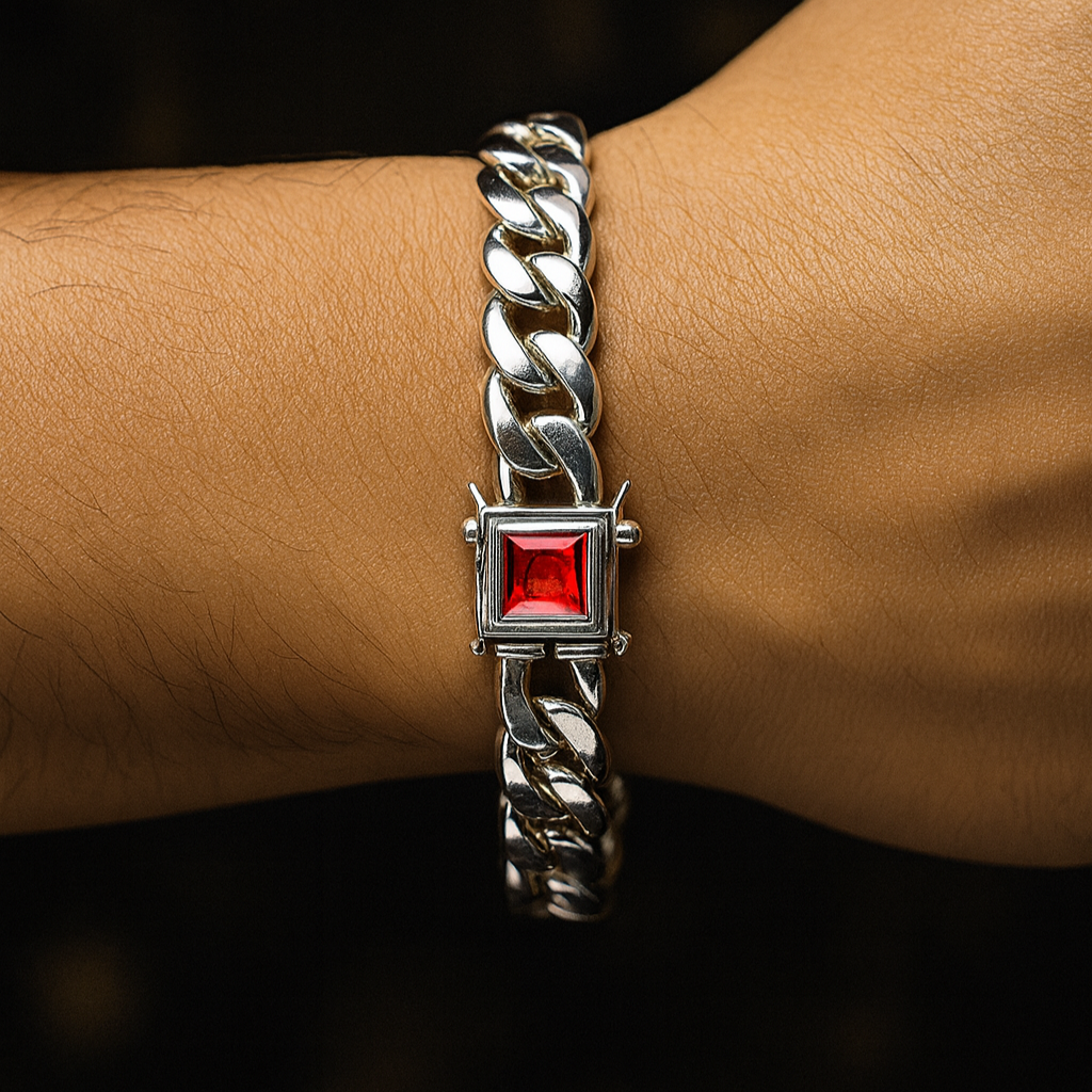 Pulsera Miami Plata 999 con Broche Rubí – 10mm