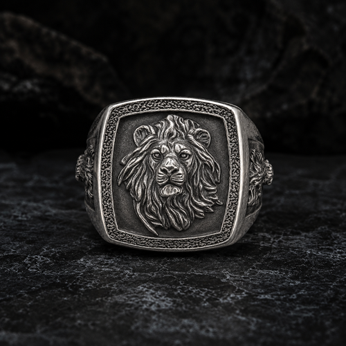 Anillo León 3 Caras de Plata 950 para Hombre