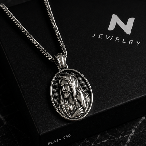 Cadena Espiga con Dije Buen Pastor Plata 950 Hombre