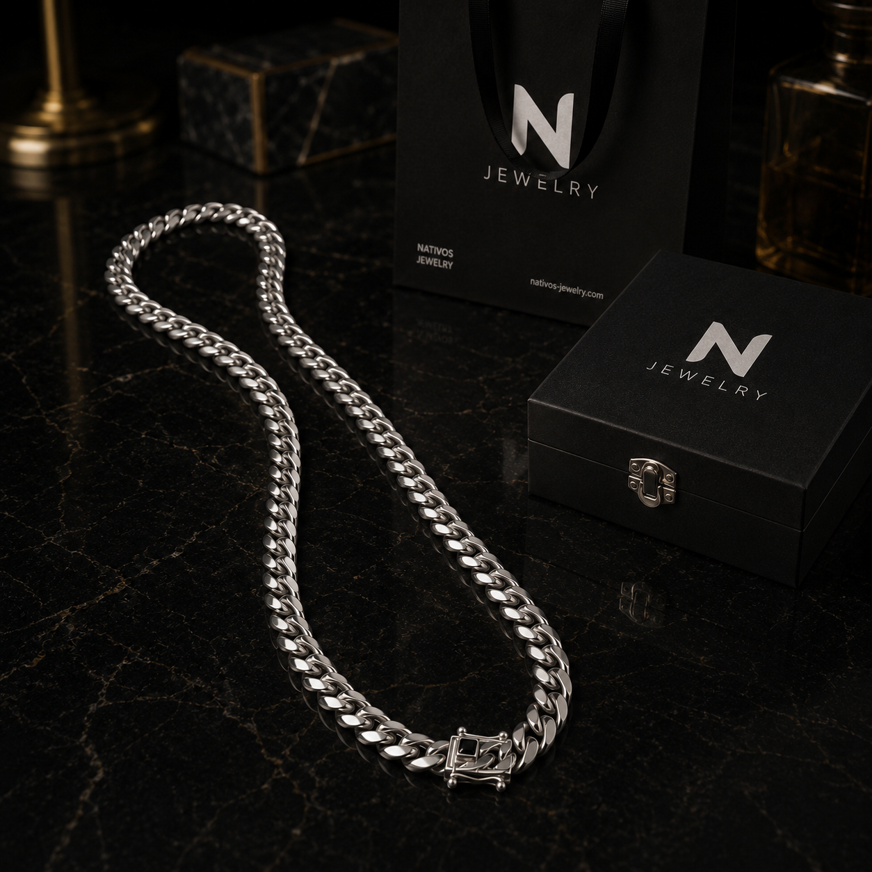 999 Silver Miami Cuban Chain – Onyx Brooch - 9mm / 60cm