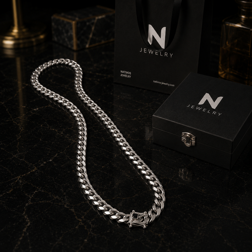 999 Silver Miami Cuban Chain – Onyx Brooch - 9mm / 60cm