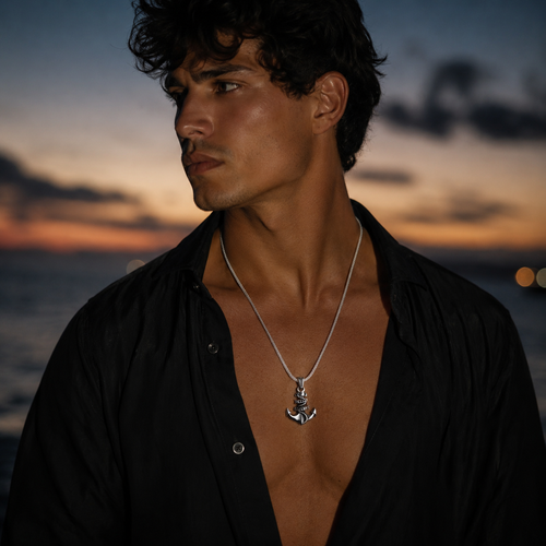 Herringbone necklace with onyx anchor pendant