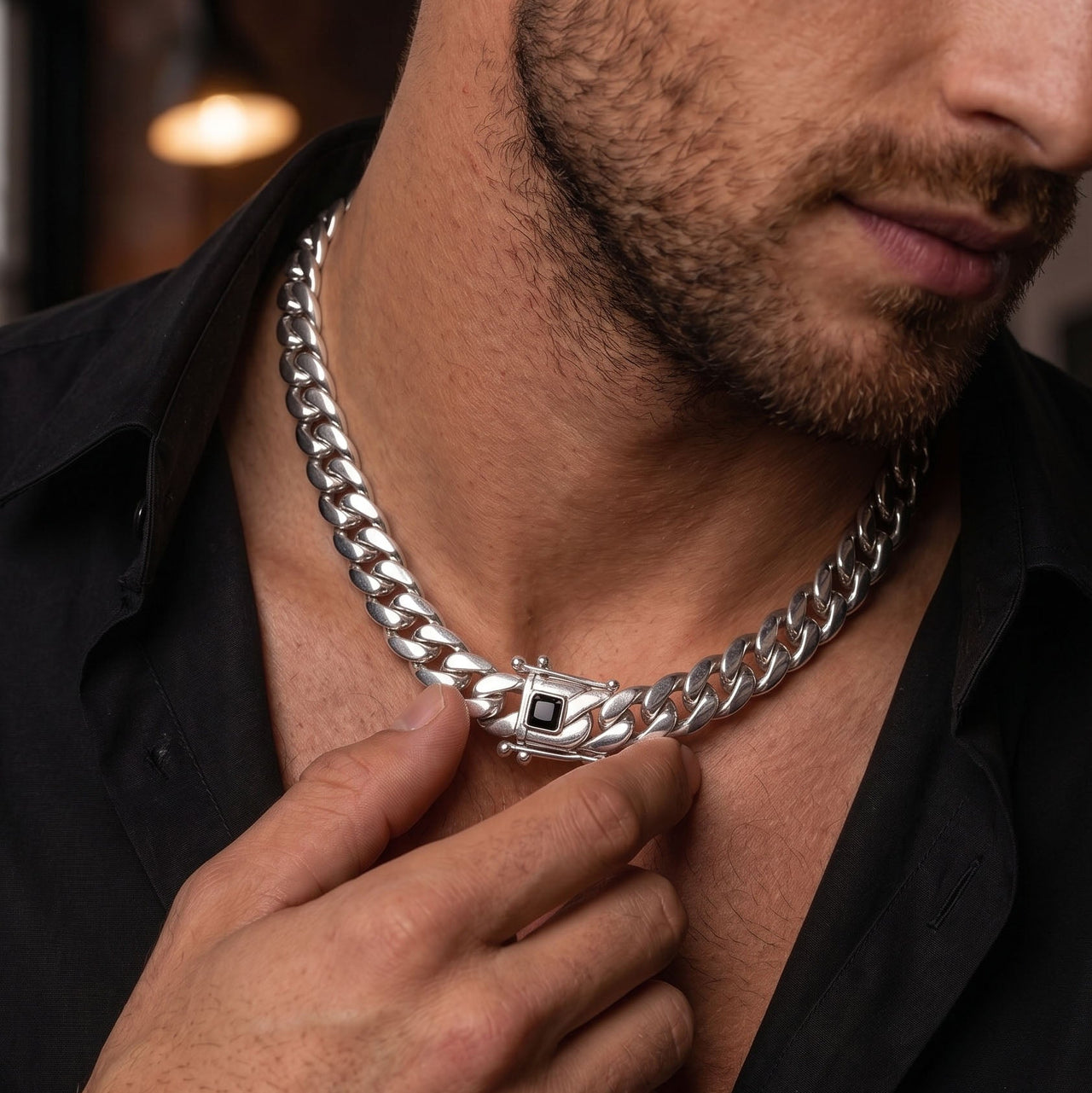 999 Silver Miami Cuban Chain – Onyx Brooch - 9mm / 60cm