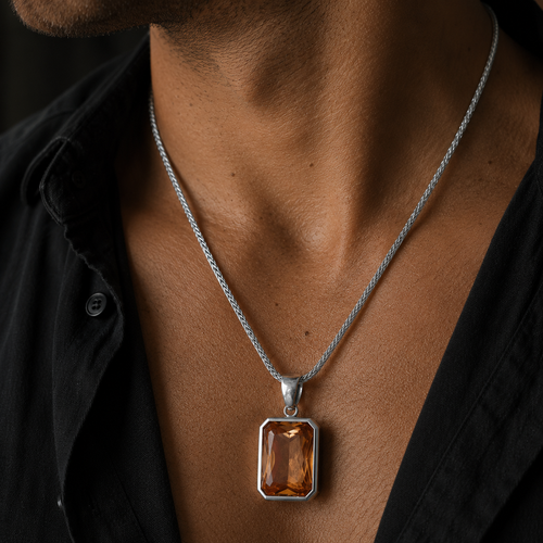 950 Silver Herringbone Chain with Champagne Zircon Pendant