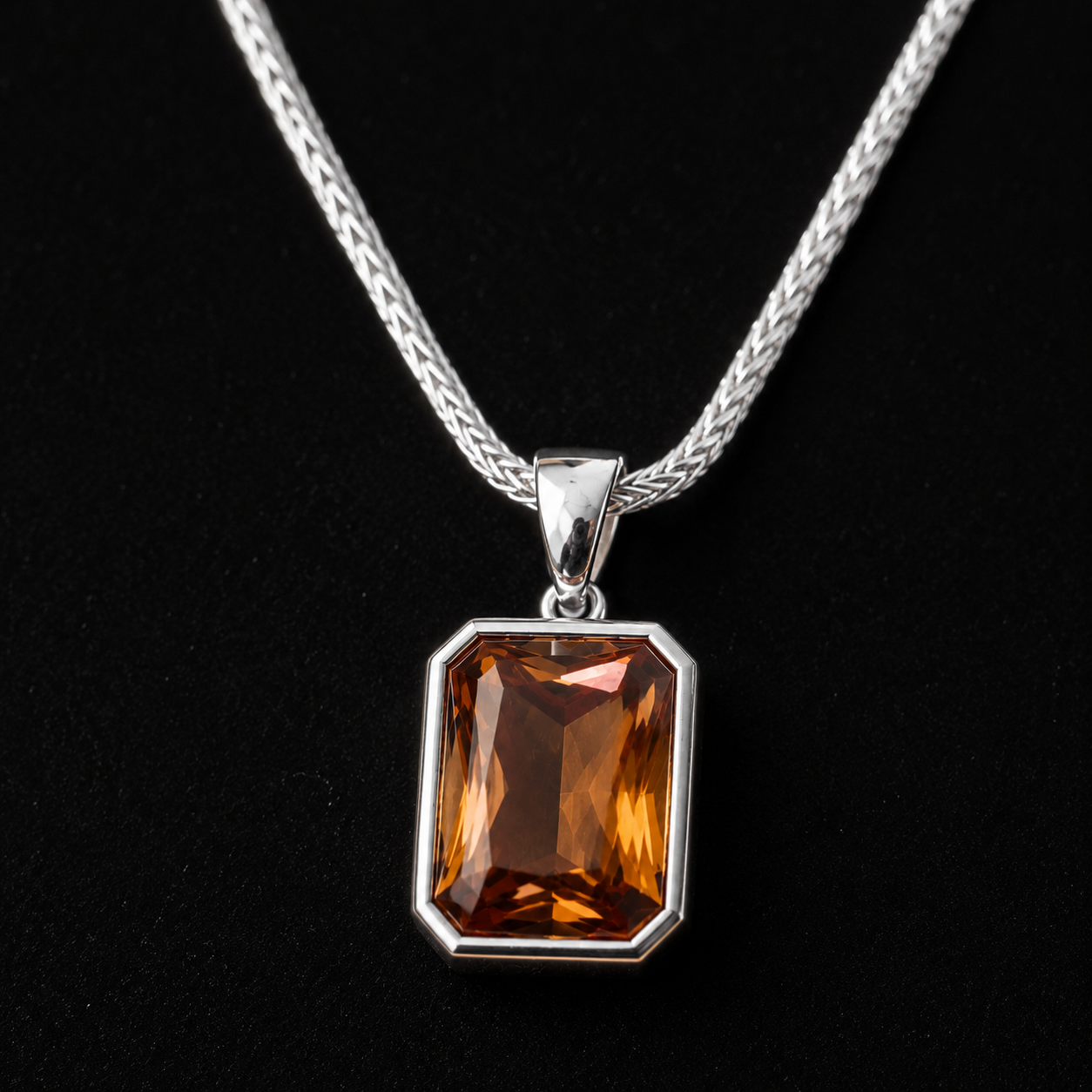 950 Silver Herringbone Chain with Champagne Zircon Pendant