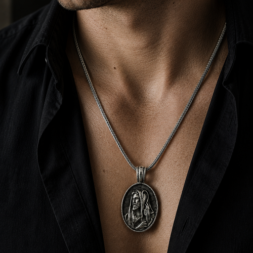 Cadena Espiga con Dije Buen Pastor Plata 950 Hombre