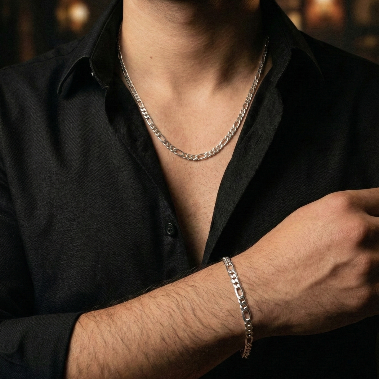 Chain and Figaro bracelet in 950 silver