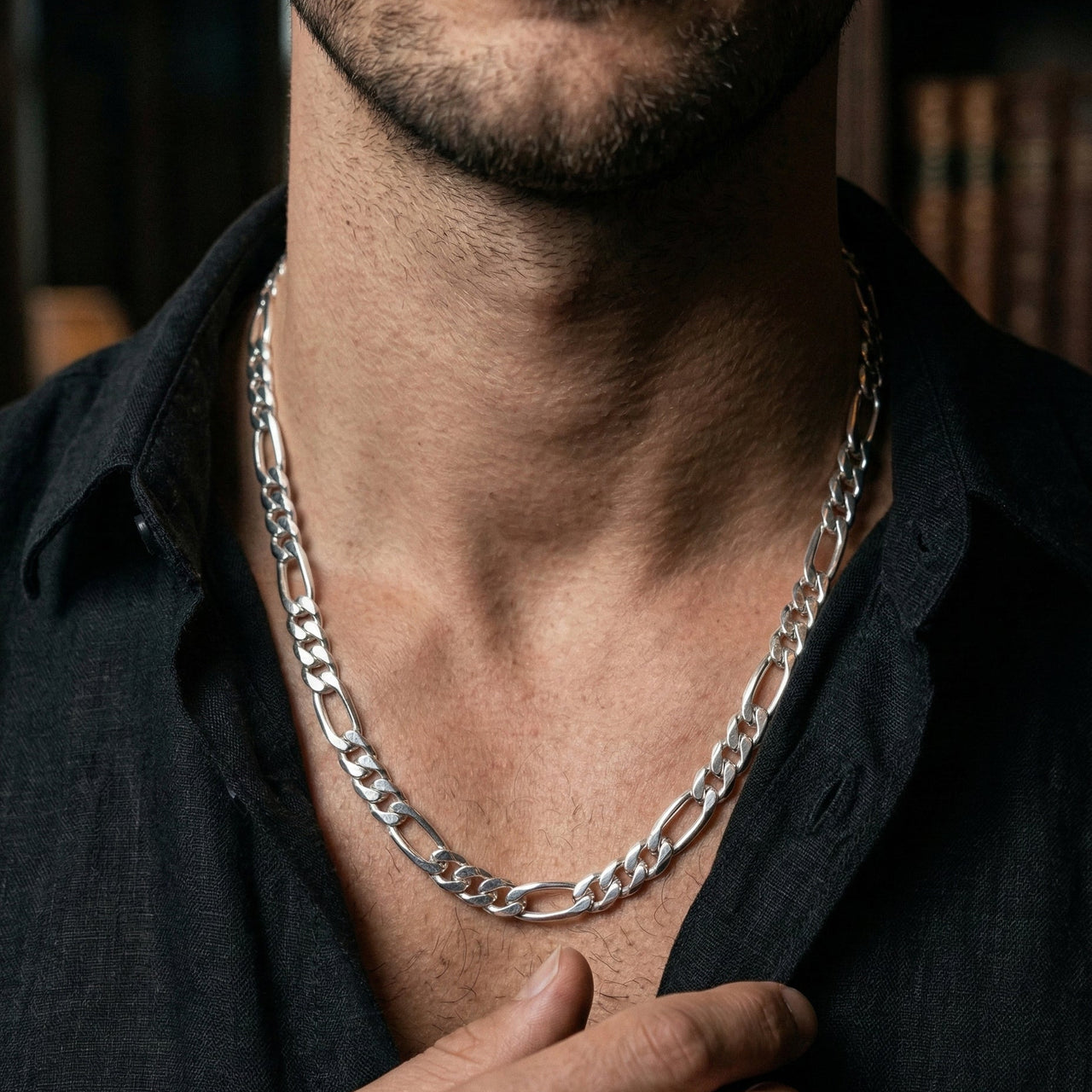 950 Silver Chain and Bracelet, Figaro Model, 7mm