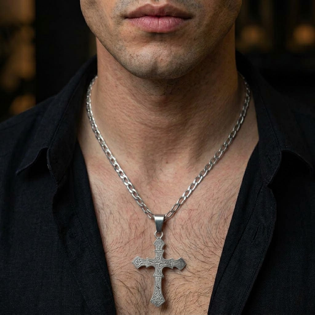 Hexagonal necklace with carved cross pendant
