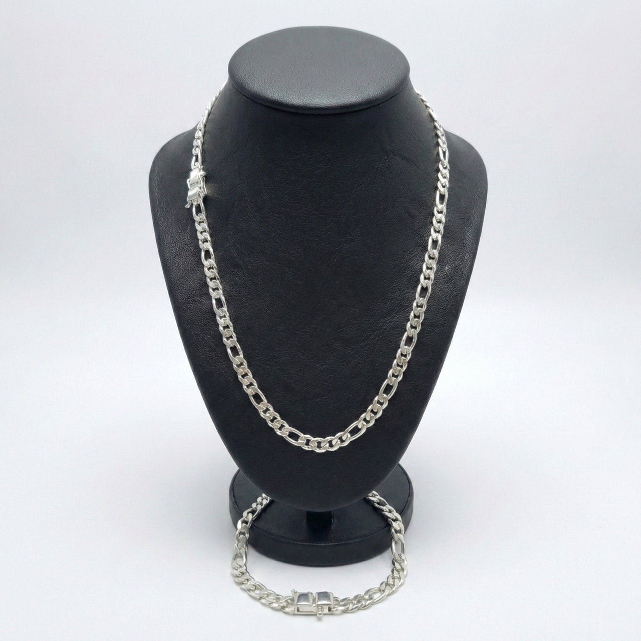 950 Silver Chain and Bracelet, Figaro Model, 6mm